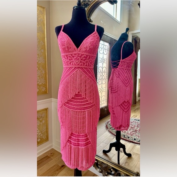 Jovani Dresses & Skirts - Splendid V-neckline Frilled Bodycon Tea-length Dress by Jovani Hot Pink Size 6